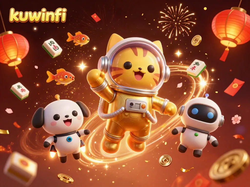 Kuwinfi's thrilling online gaming experience showcased in a vibrant cosmic festival scene