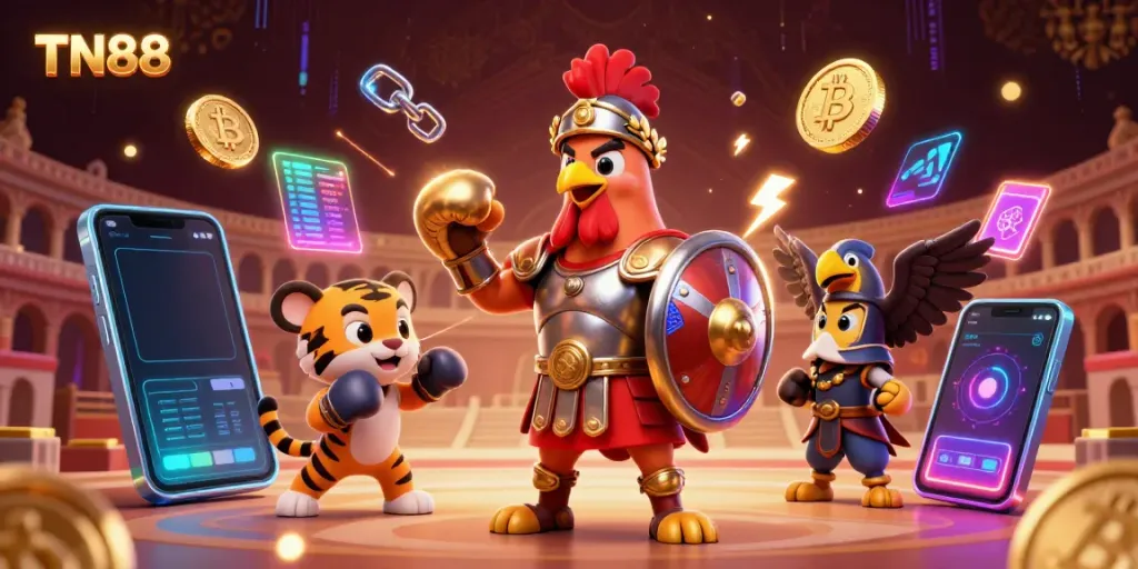 Experience thrilling gaming at TN88 with a 3D gladiator rooster and crypto elements illustrating excitement.