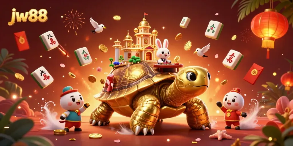 Take your chances with jw88 at this vibrant carnival scene featuring a golden tortoise casino and a rabbit dealer.