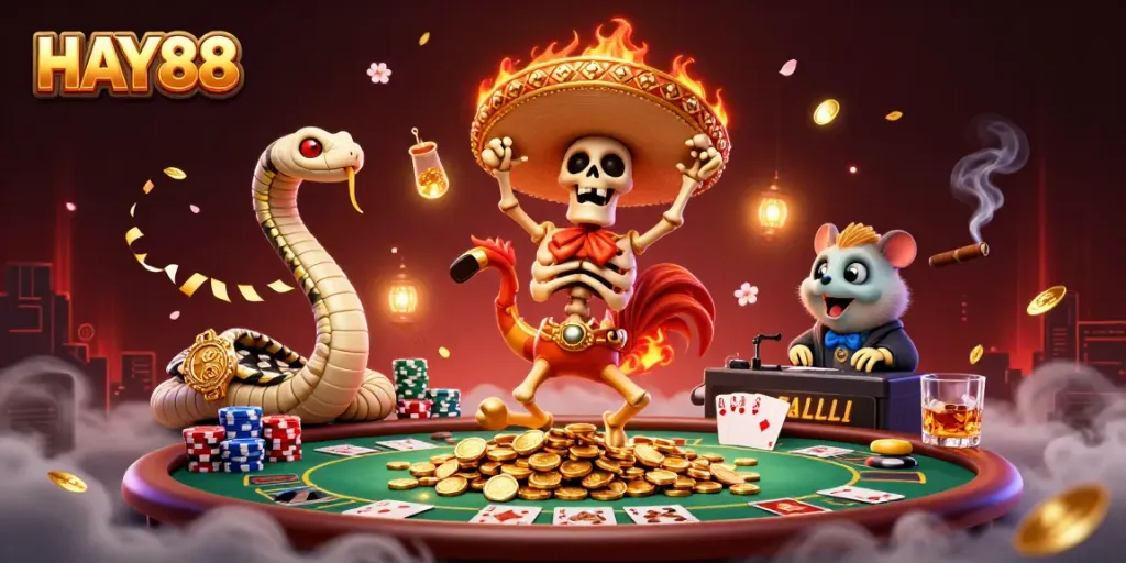 Experience the thrill of HAY88 with a victory dance in a colorful, dynamic casino scene.