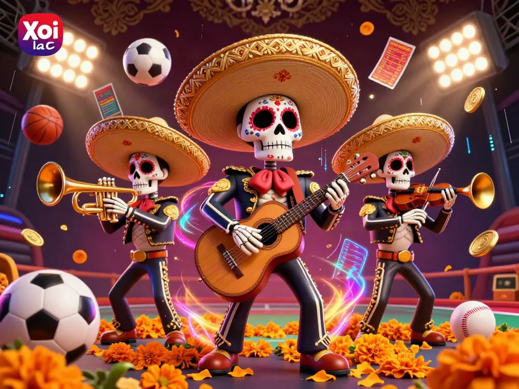 Xoi lac sports betting scene with Day of the Dead skeleton mariachi band surrounded by sports balls and gold coins.