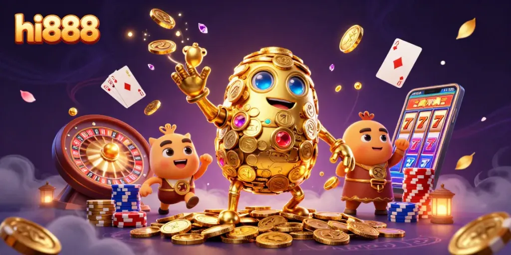 Experience thrilling gameplay with hi888's golden golem surrounded by coins, cards, and casino elements.