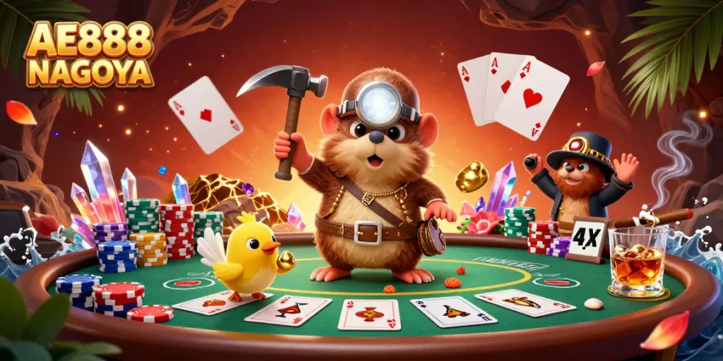 Engage with AE888 NAGOYA by diving into an animated treasure hunt filled with vibrant poker elements.