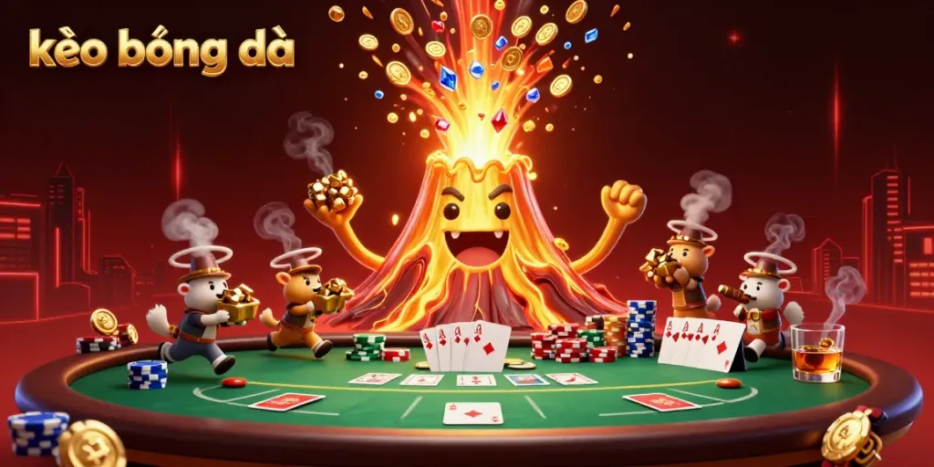 Experience thrilling moments with kèo bóng đá as a golden volcano erupts treasures amidst poker action.