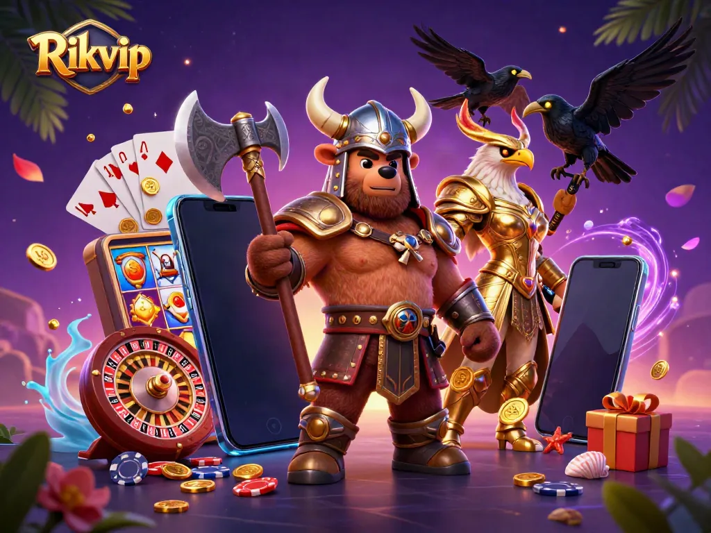 Engage in thrilling gameplay with Rikvip's action-packed casino illustration featuring a Viking bear, Valkyrie eagle, and dynamic game elements.