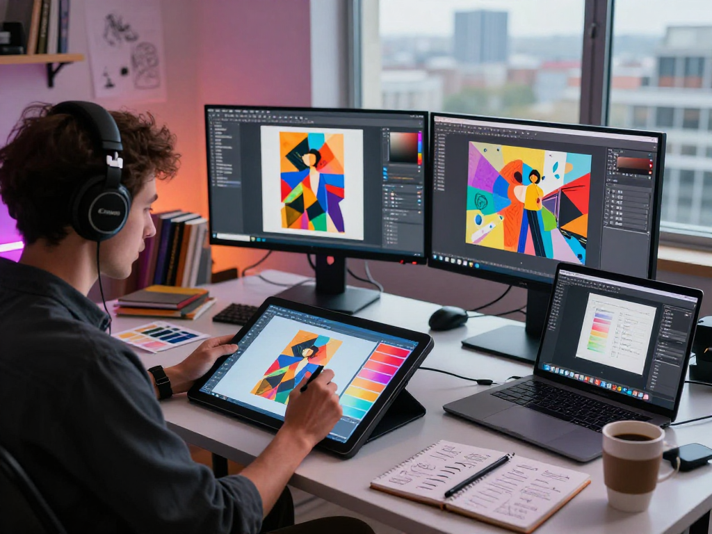 Creating NSFW AI digital art in a modern studio with vibrant tools and inspiring light.