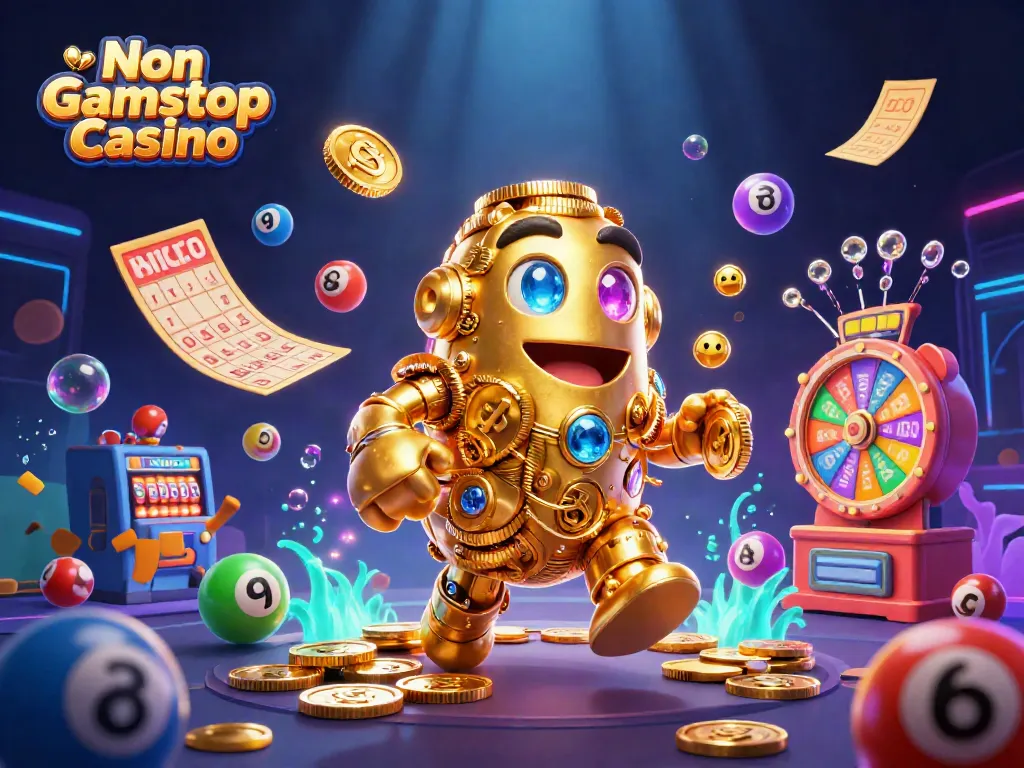 Engaging scene illustrates the dynamic world of Non Gamstop Casino, featuring a golden coin golem.