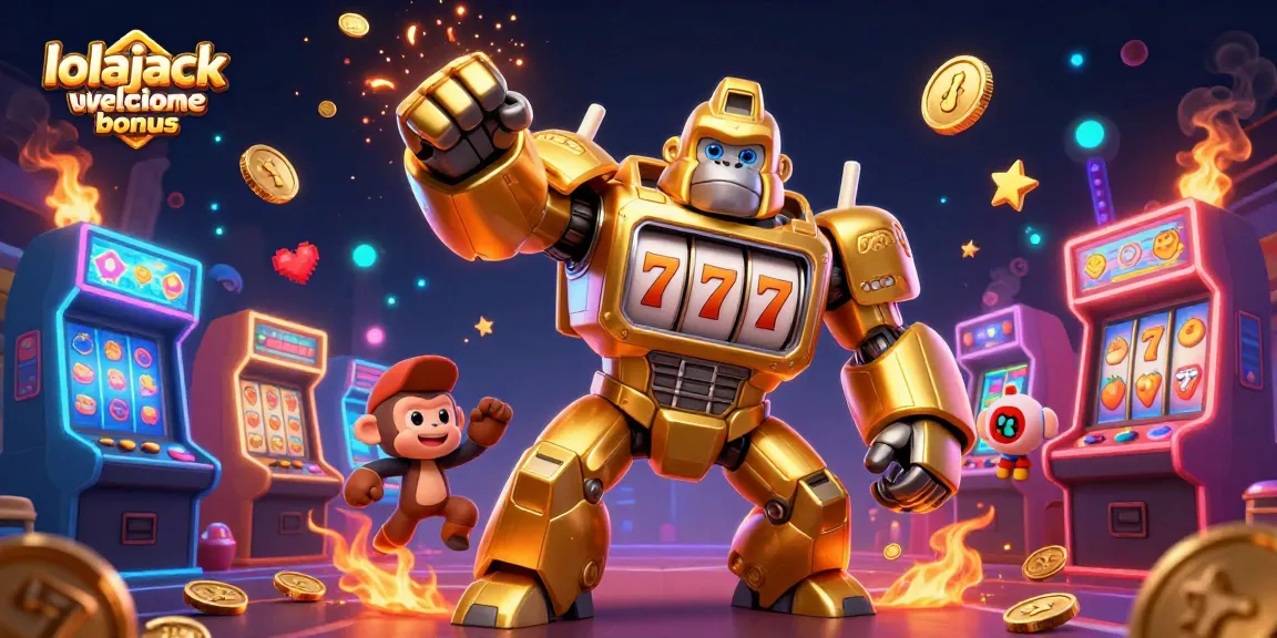 Engage with the exciting lolajack casino welcome bonus through a vibrant 3D gaming scene showcasing a golden gorilla mech.