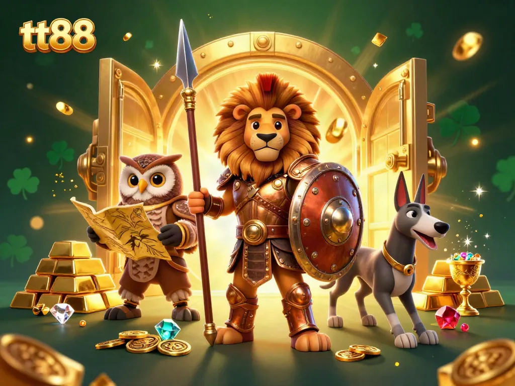 Experience the thrill of tt88 with a vibrant 3D casino illustration featuring heroic characters and dynamic game elements.