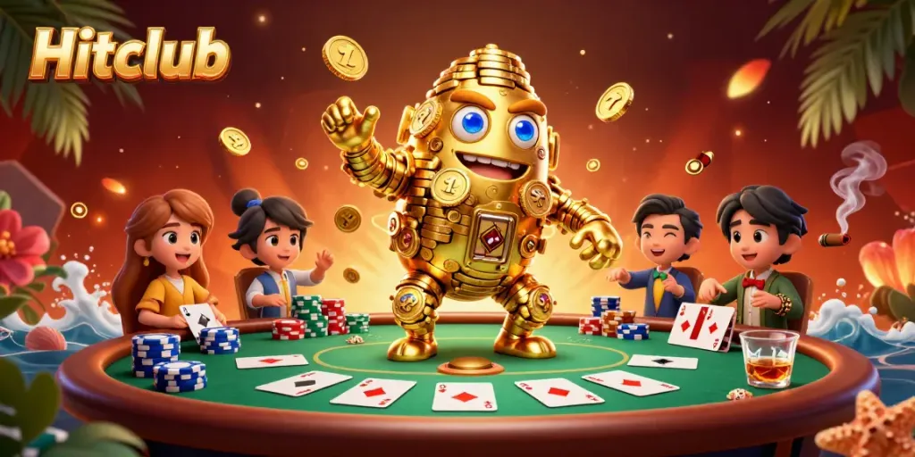 Win big at Hitclub with a dynamic casino scene featuring a golden golem and poker elements!
