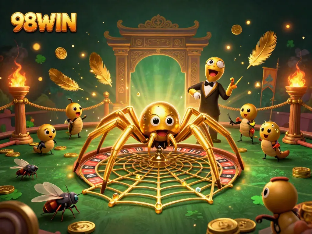 Engage in thrilling bets with 98WIN's dynamic casino atmosphere featuring exotic characters and vibrant illustrations.