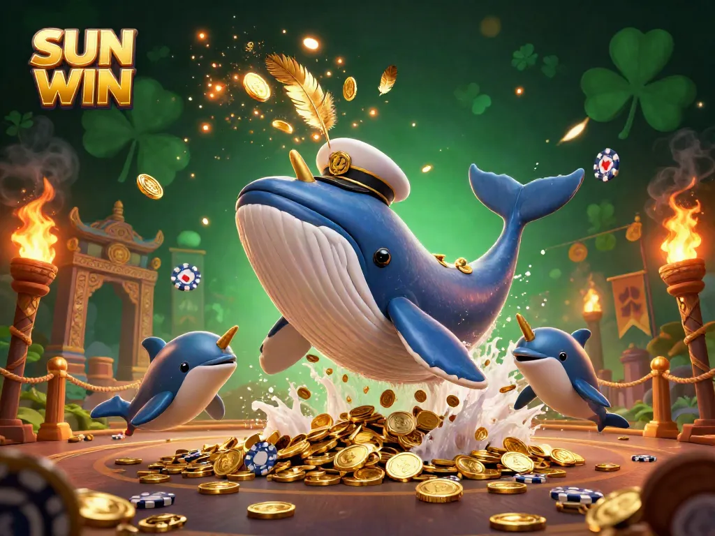 Watch SUN WIN transform the casino with a dynamic whale and playful dolphins amidst gold coins.