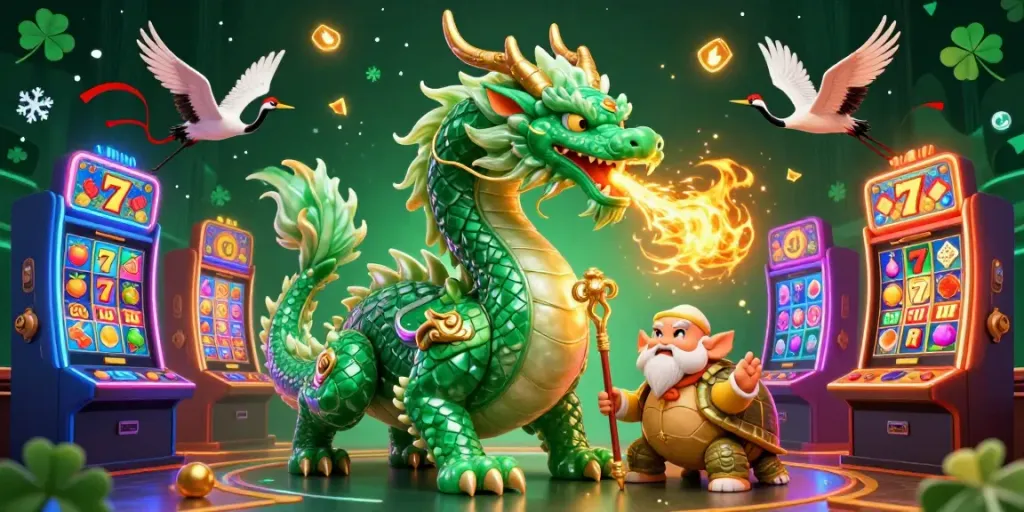 Experience thrilling games at 8S casino featuring rich visuals of dragons, turtles, and cranes in an elaborate 3D scene.