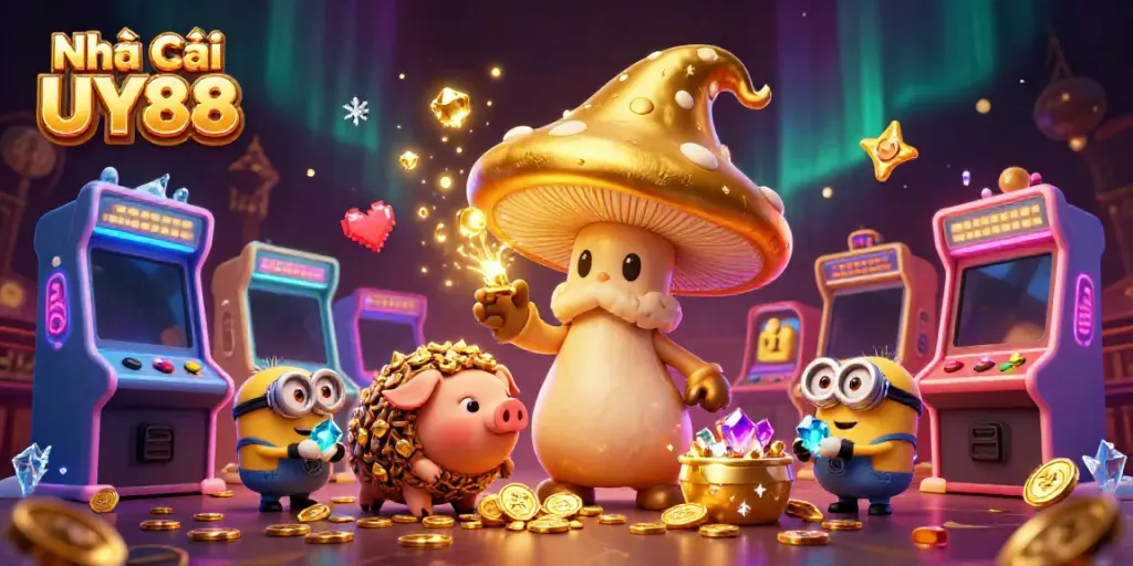 Experience the magic of Nhà Cái UY88 with vibrant casino game elements and whimsical characters.