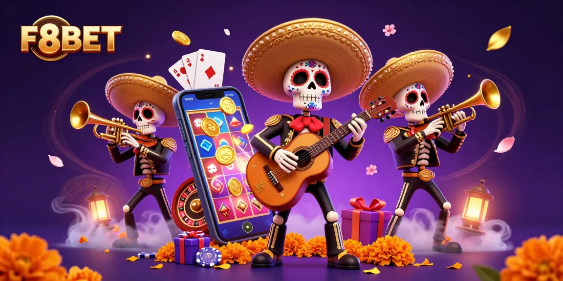 Experience the thrill of F8BET with colorful slot games and a festive mariachi band.