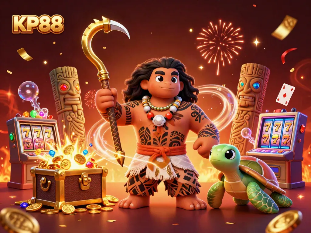 Engage in thrilling adventures with KP88 as a Maui-style demigod and turtle explore a vibrant casino.