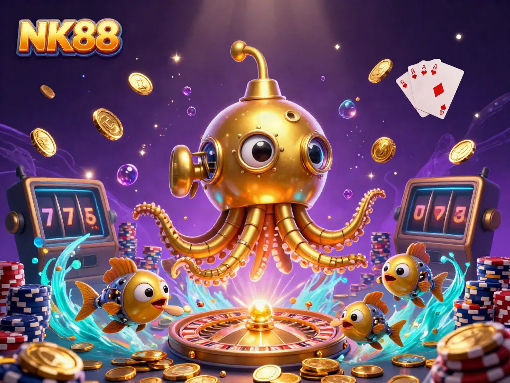 Experience NK88 immersive gaming with a golden kraken submarine in a treasure-filled sea