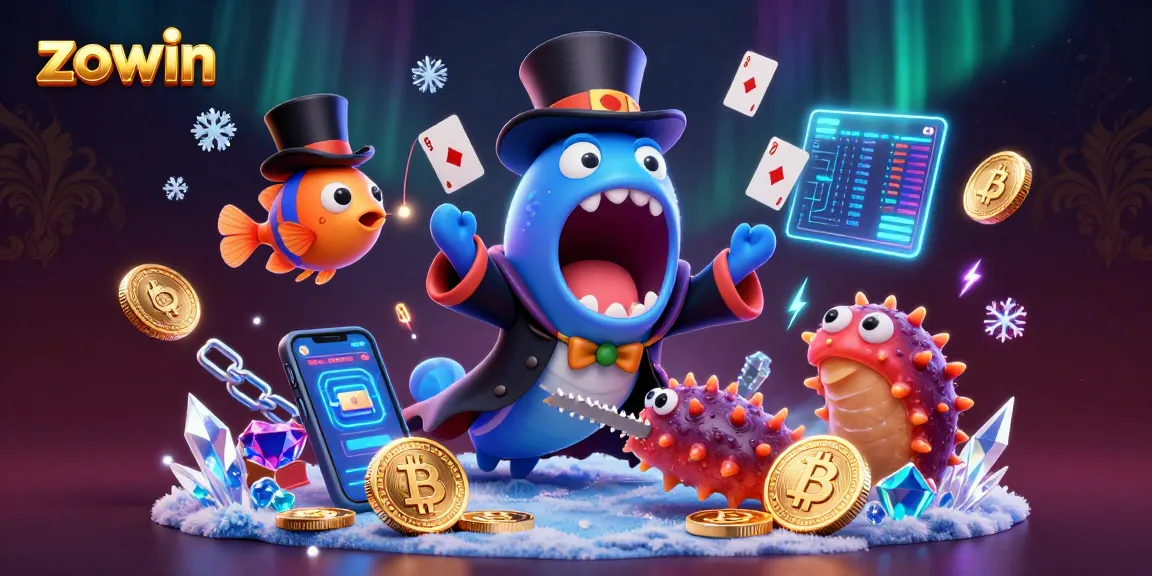 Zowin showcases a magical casino scene with vibrant characters and cryptocurrency elements for engaging gameplay.