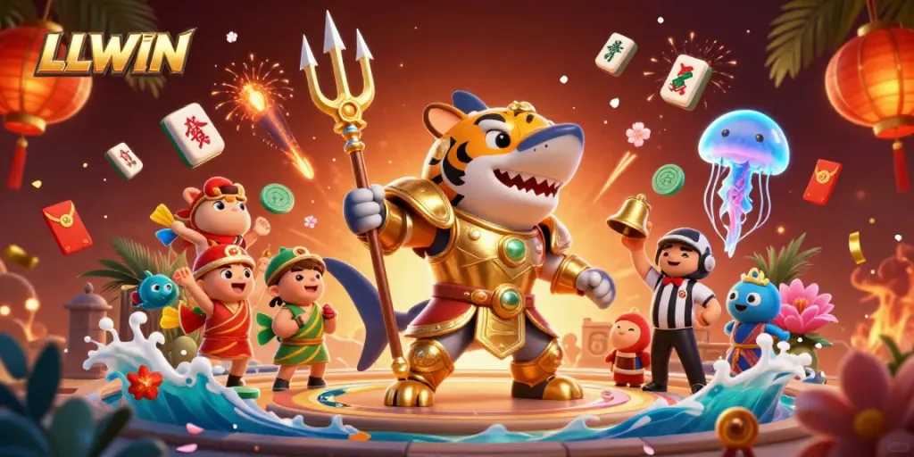 LLWIN showcases a vivid underwater colosseum scene where a tiger shark in gladiator armor leads a thrilling casino event.