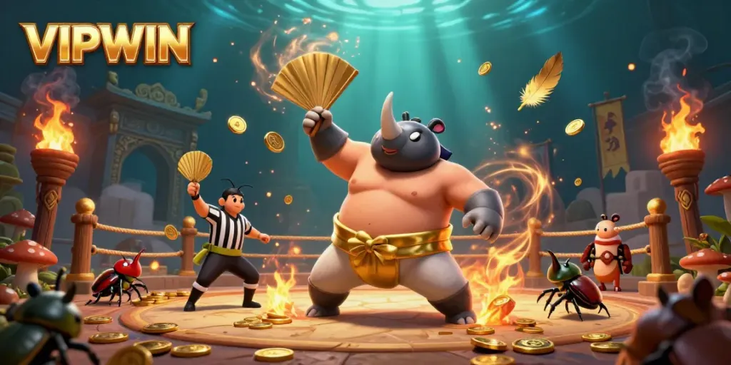 Experience VIPWIN excitement as a sumo beetle champions in a dynamic casino arena of golden coins.