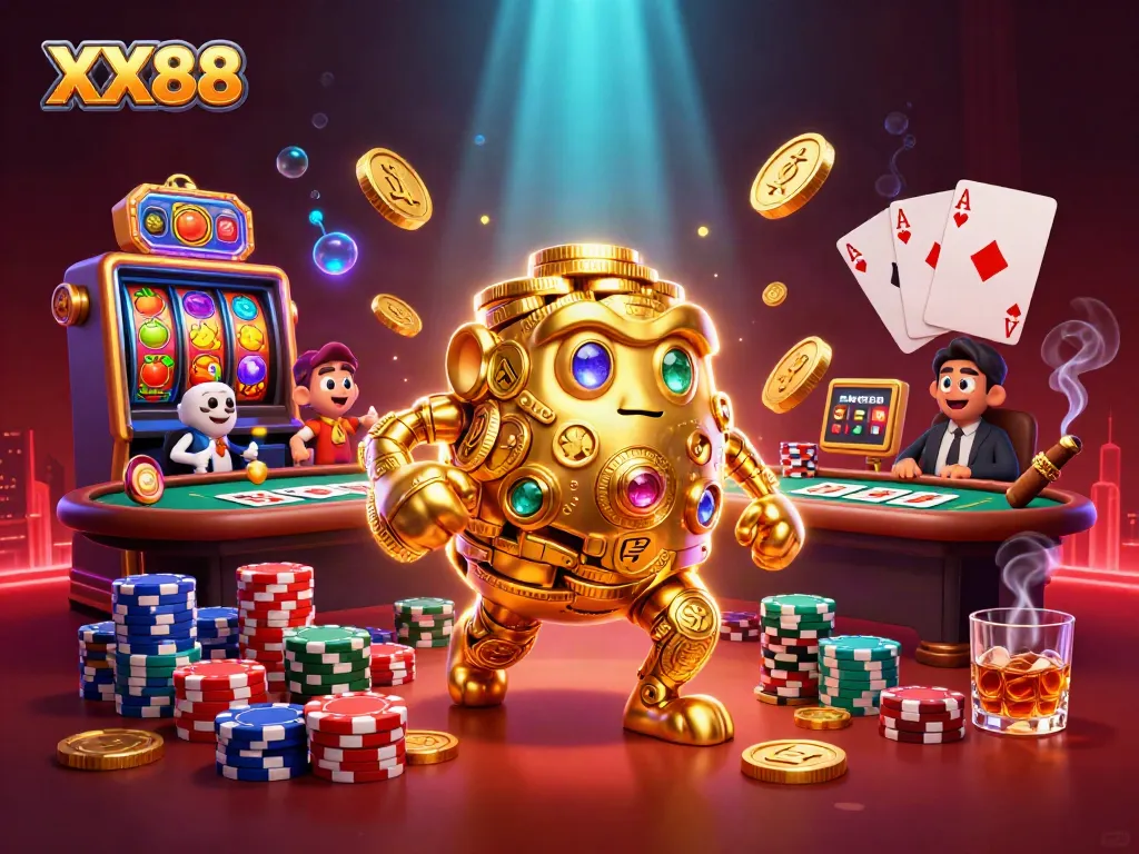 Explore winning strategies with XX88 featuring a golden golem amidst vibrant casino elements.