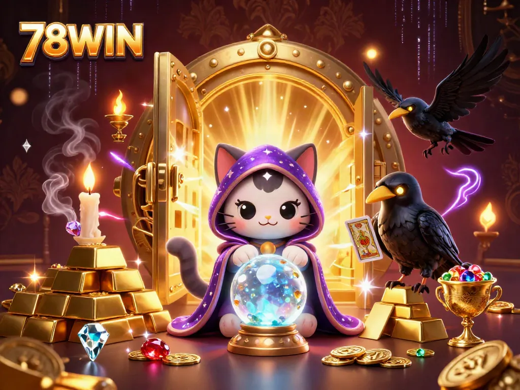Engage in thrilling gameplay at 78WIN casino with a dazzling scene featuring a fortune teller cat and glowing tarot raven.