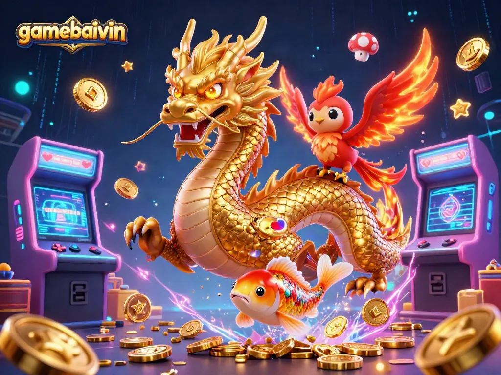 Gamebaivin showcases a vibrant casino scene with a golden dragon, phoenix, and koi fish amidst gaming elements.