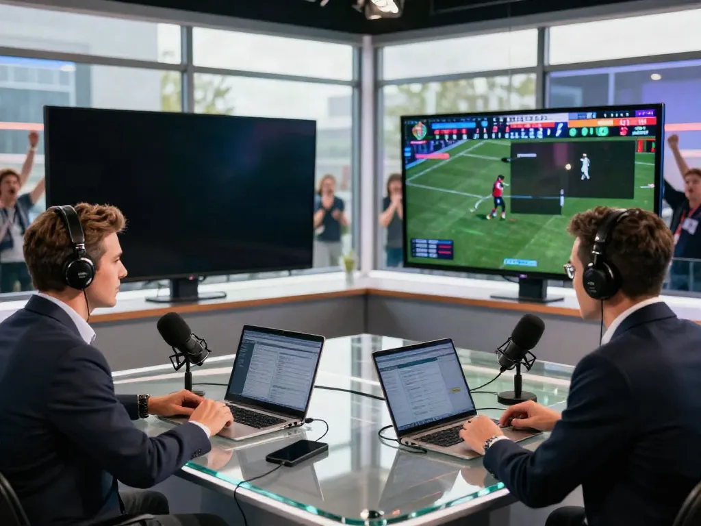 Thapcamtv commentators engaging viewers with live football updates in a vibrant studio.