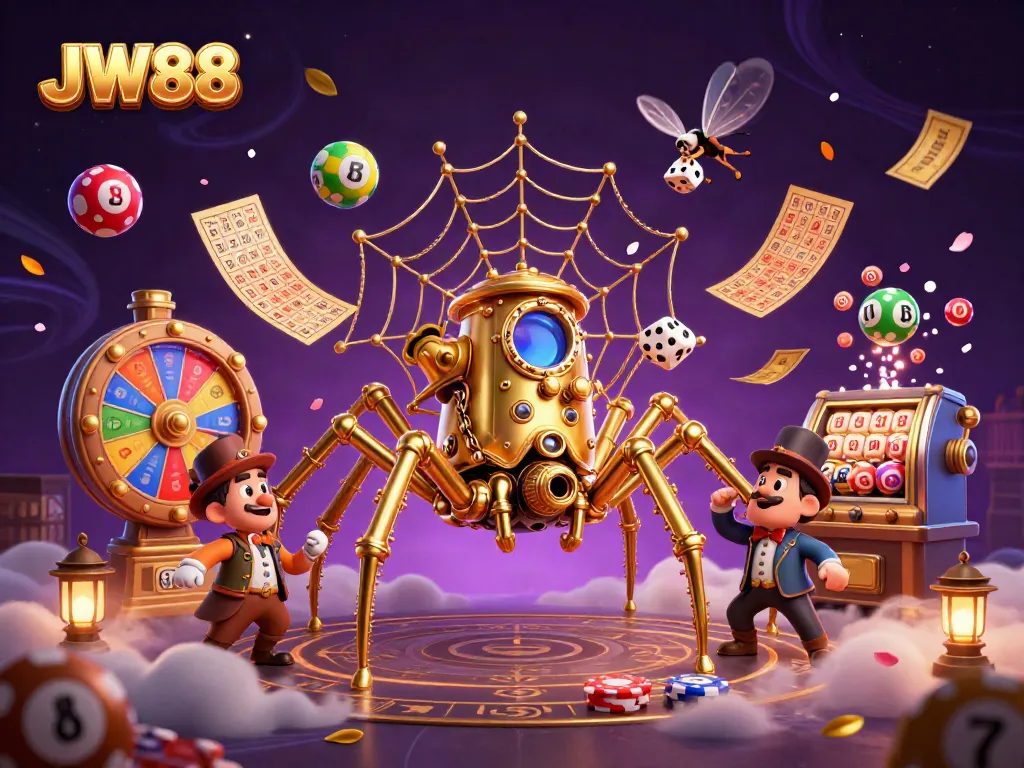 Experience thrilling play at JW88 with a whimsical steampunk spider catching dice amidst vibrant gambling elements.