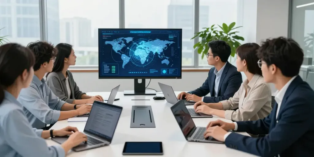 Professional team discussing 快连 network acceleration strategies in a modern office.