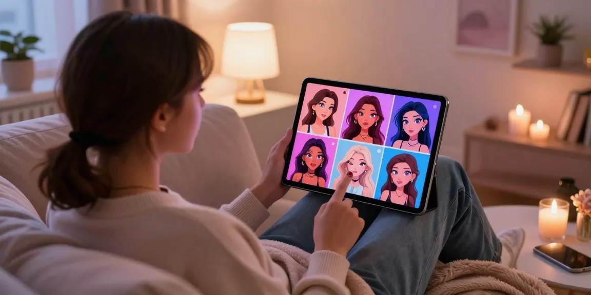 Engaging with sexy AI sluts on a tablet in a cozy room, showcasing intimate digital interaction.