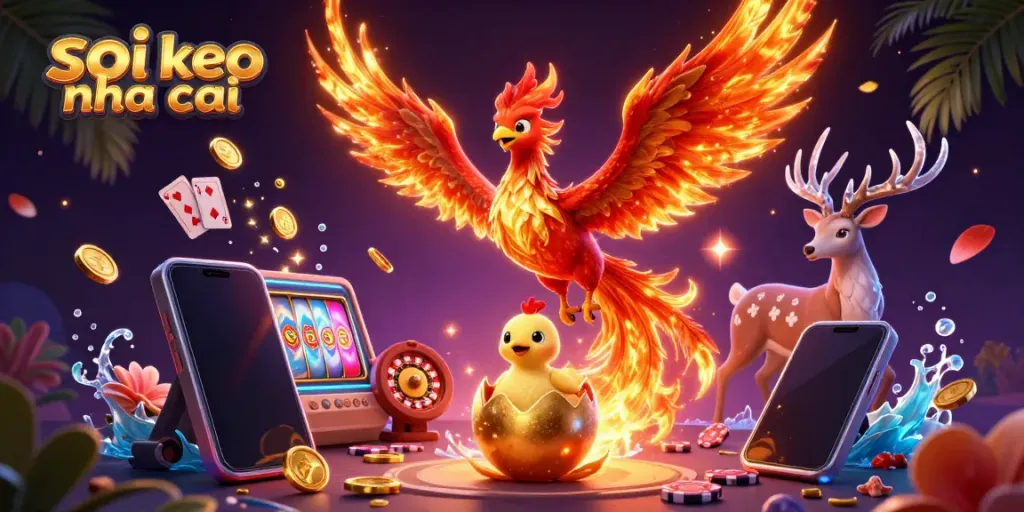 Soi keo nha cai illustration featuring a vibrant phoenix, gaming elements, and mystical stag
