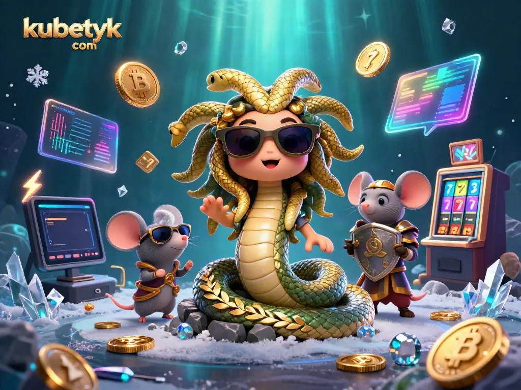 Spin to win with kubetyk com in a vibrant, 3D casino scene featuring Medusa and a mouse warrior.