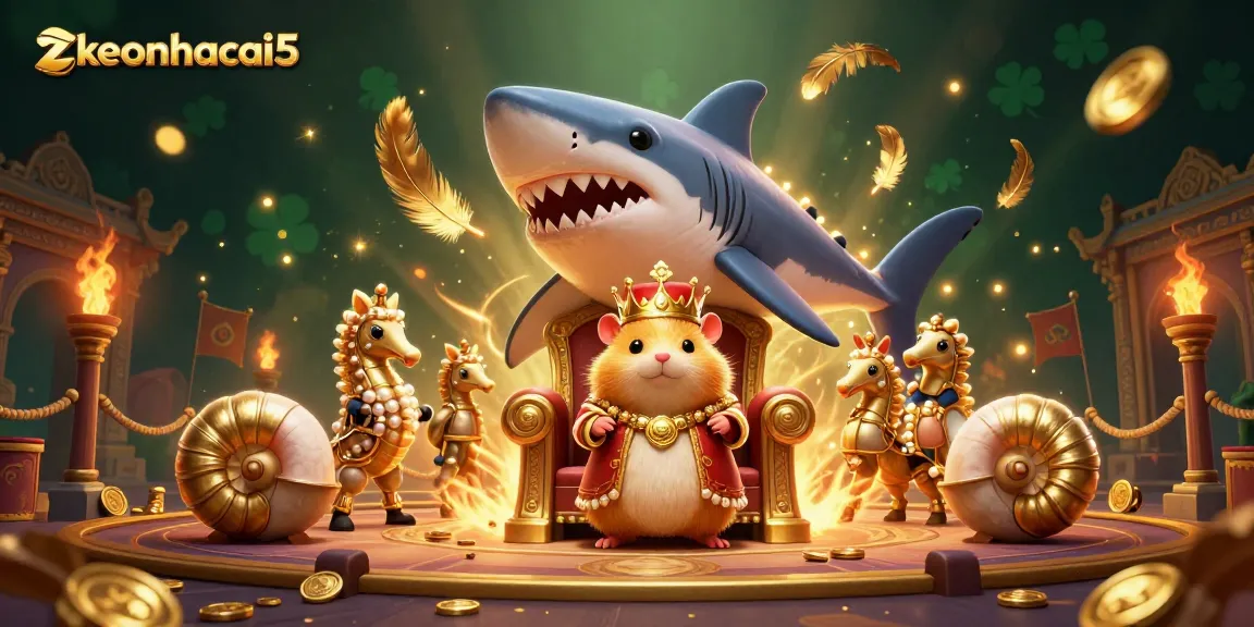 Engage with zkeonhacai5: Casino scene with a regal hamster king and dynamic gaming elements.