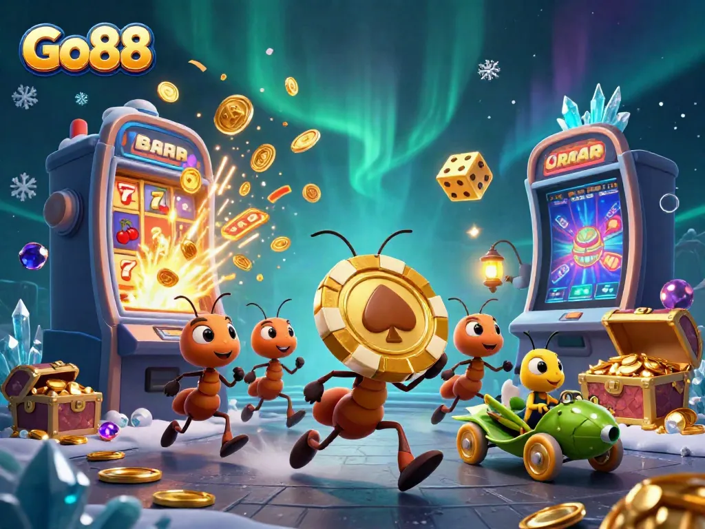 Experience Go88 with a whimsical team of ants on a heist surrounded by bursting casino treasures.