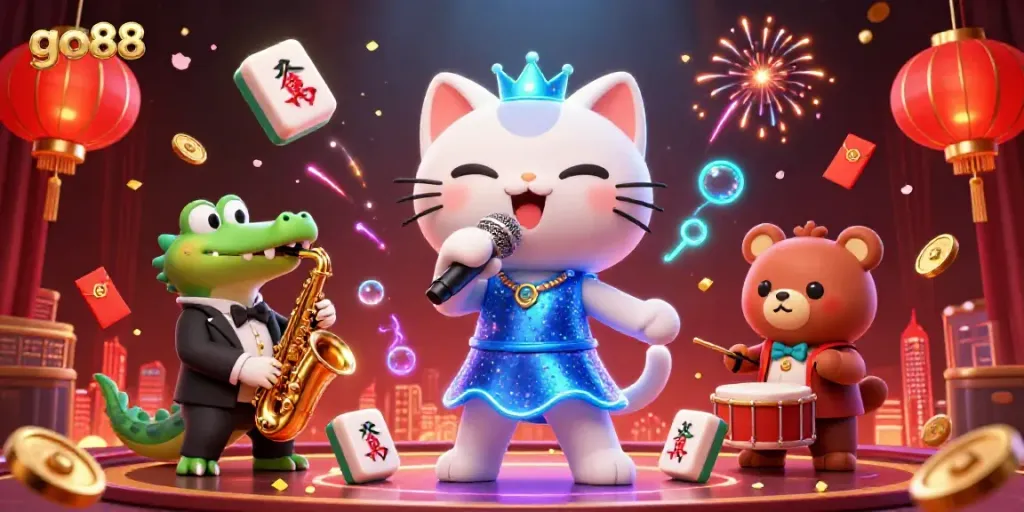 Experience the excitement of go88 with a lively casino scene featuring a jazz-singer cat and vibrant game elements.