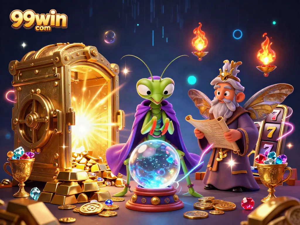 Experience thrilling gameplay in a vibrant 99win com scene with characters, jewels, and slot machines.