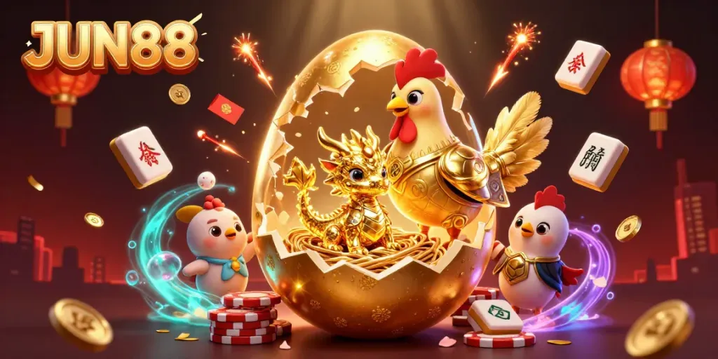 Engage with JUN88's thrilling experience featuring a golden dragon on poker chips amidst festive casino elements.