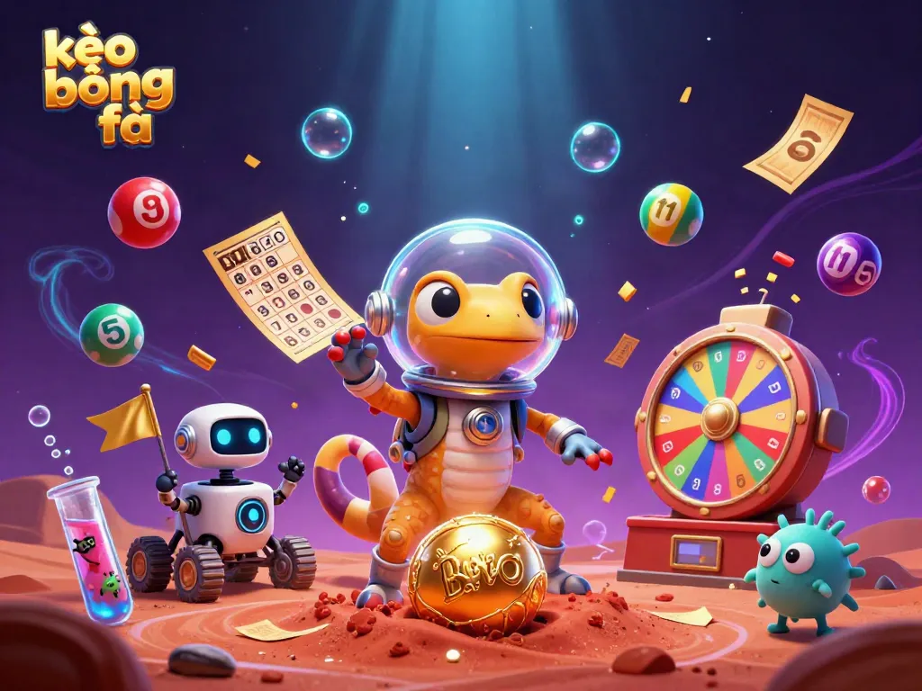 Experience the thrill of kèo bóng đá with a Martian gecko at a golden casino on Mars, amid dynamic gambling elements.