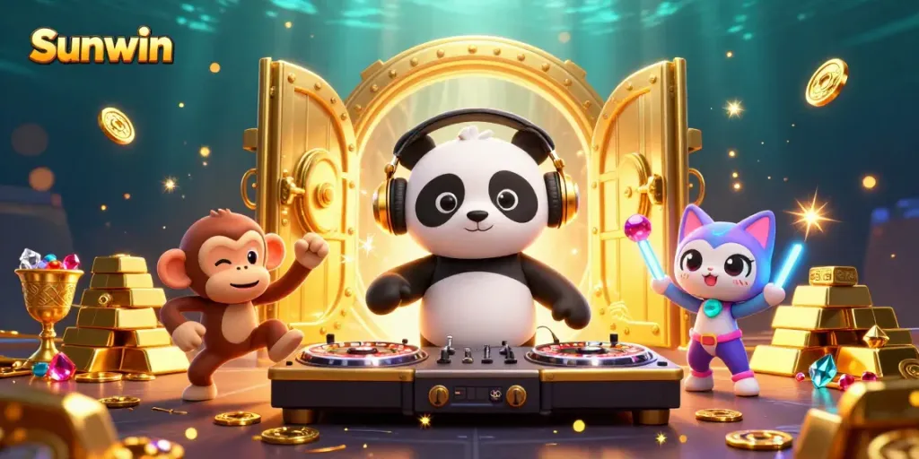 Experience gaming excitement with Sunwin through a vibrant 3D casino scene featuring playful characters.