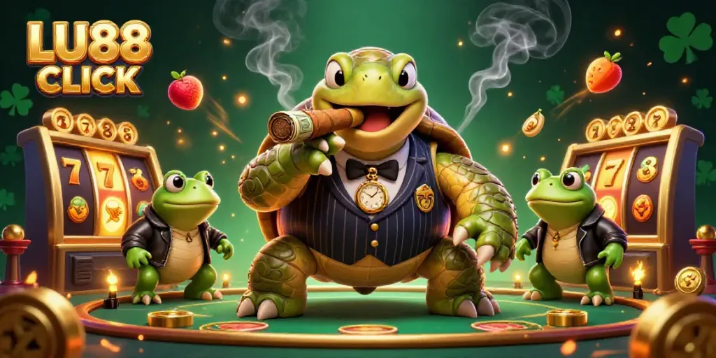Experience LU88 CLICK's thrilling casino atmosphere with dynamic characters showcasing excitement and jackpot wins.