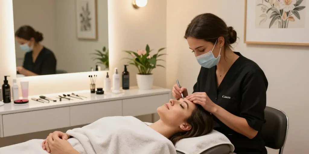 Lash Lift Colchester: Aesthetician performing a lash lift treatment in a stylish beauty salon.