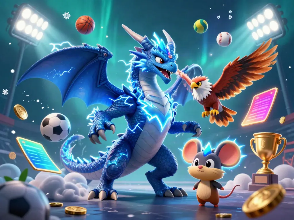 Experience thrilling gameplay with tg88 featuring a powerful dragon, hawk, and mascot amidst dynamic sports elements.
