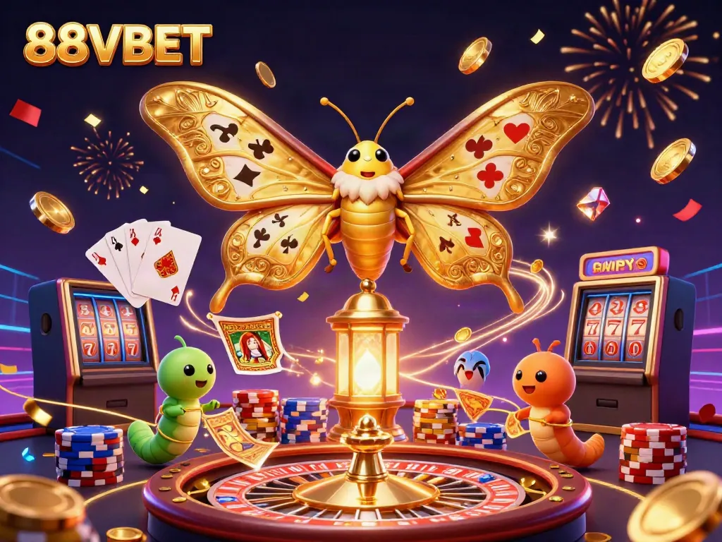 Experience the vibrant casino world with 88VBET, showcasing a majestic moth and dynamic gaming elements.