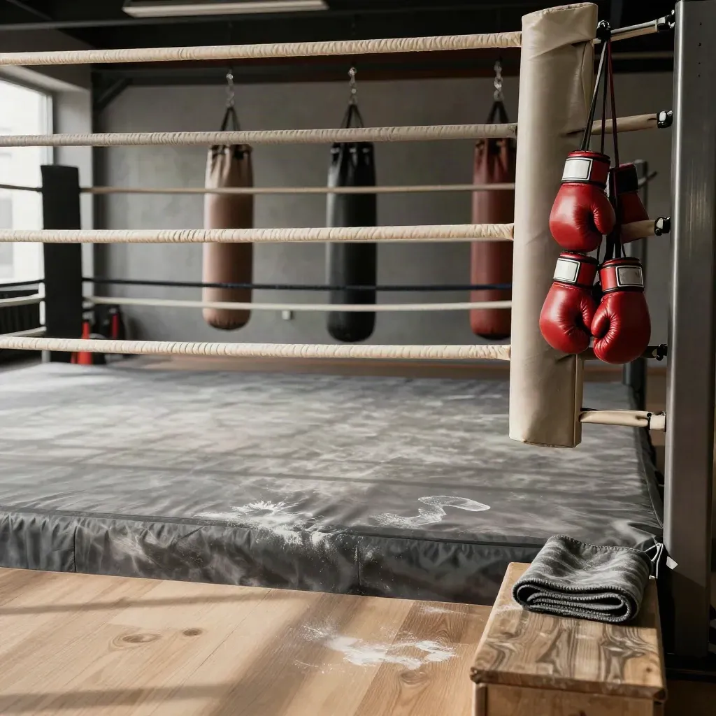 Boxing ring, heavy bag lane and mitt station staged for a class in warm gym light.