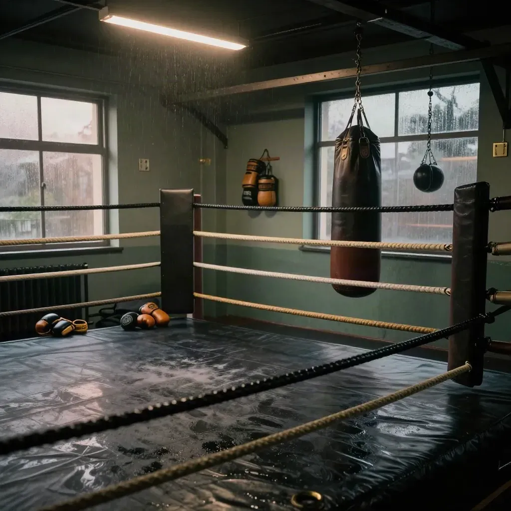 Moody boxing ring corner with heavy bag, mitts and wall pads in a wet London gym.