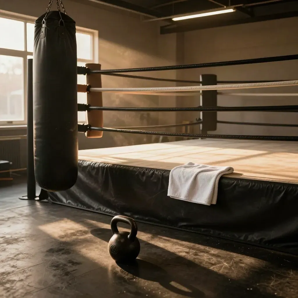 Empty boxing gym corner with heavy bag, kettlebell, towel, and reset ring lane in warm late-afternoon light.