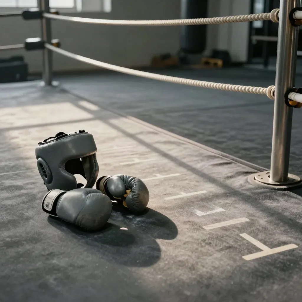 Empty beginner boxing lane with youth gloves, headguard, rope lane and floor markers in moody light.