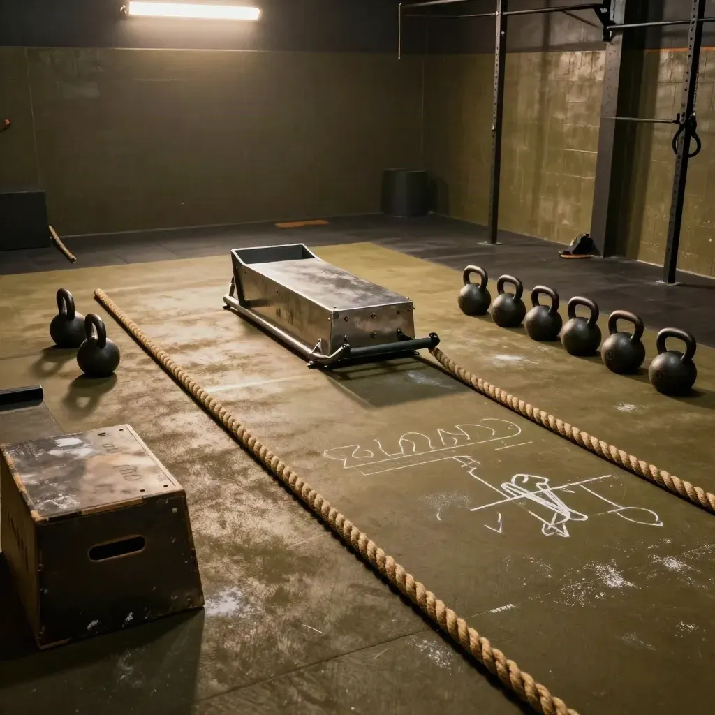 Boxing gym strength zone with sled, ropes, kettlebells, plyo box and chalk marks
