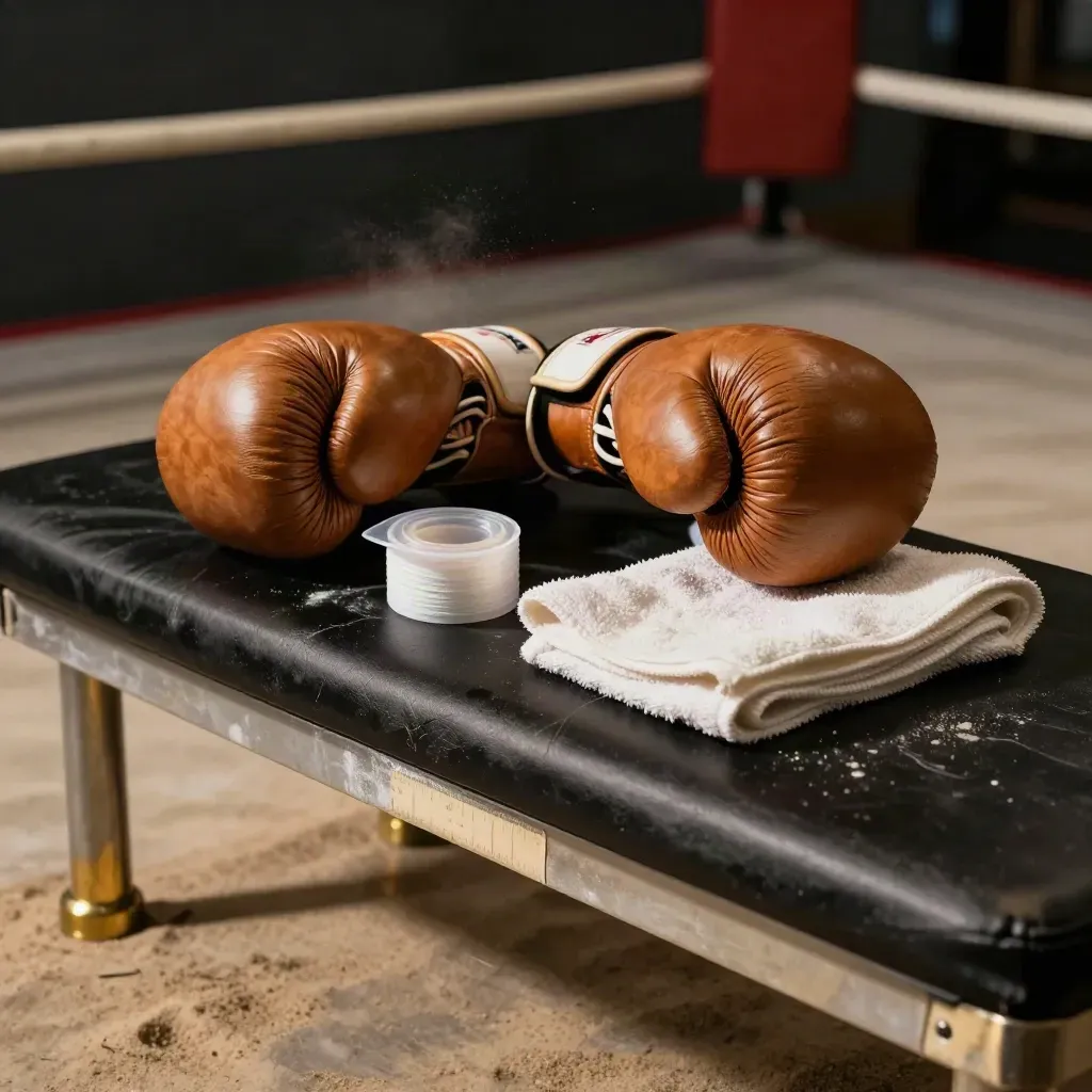Boxing gloves, mouthguard case, tape, towel and corner stool beside a taped ring edge.
